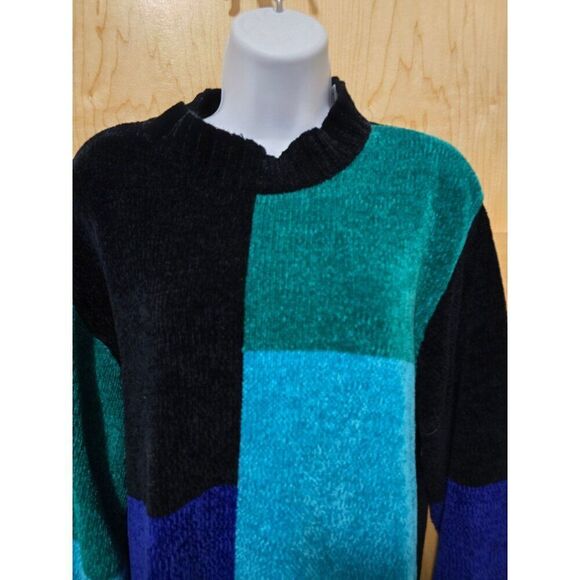 Color Block Sweater By Sag Harbor Woman 2X Black/Teal/Blue Patchwork Long Sleeve - Picture 1 of 6